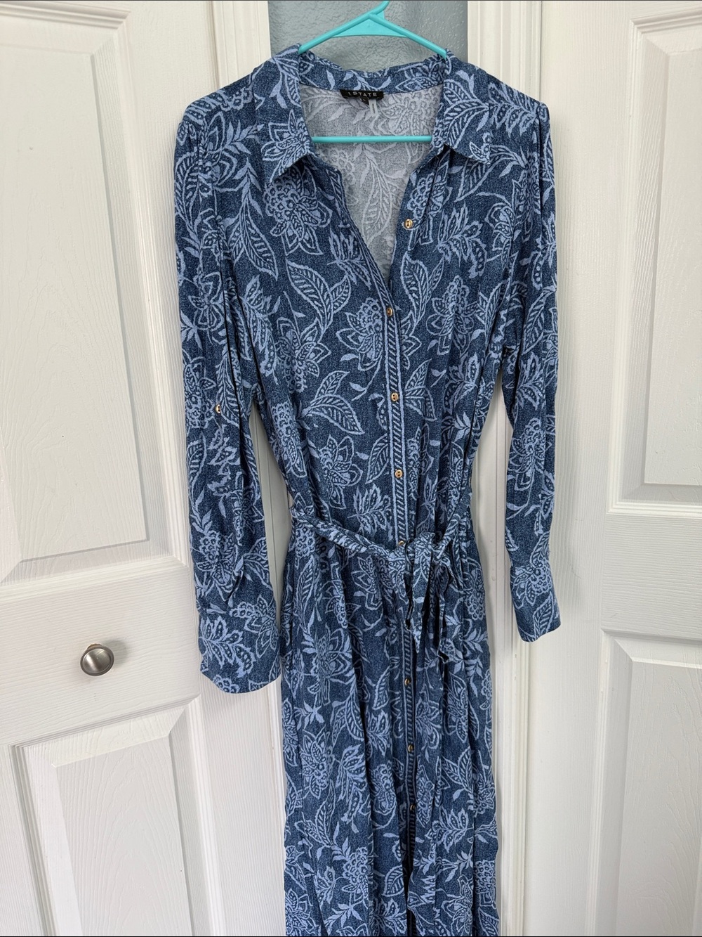 1. State Button-Front Blue Floral Shirt Dress with Tie Waist size large